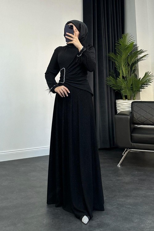 Yandan Taşlı Kolu Tüylü Abiye Siyah