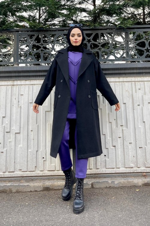 Yanı Düğmeli Kuşaklı Kaban Siyah