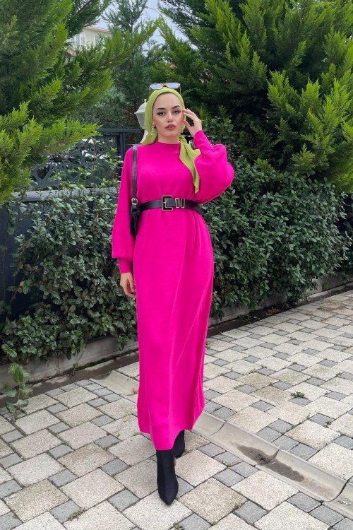 Yarım Boğazlı Triko Elbise Fuşya