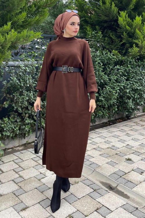 Yarım Boğazlı Triko Elbise Kahverengi