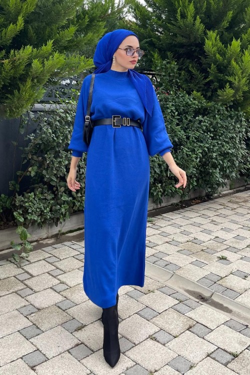 Yarım Boğazlı Triko Elbise Saks