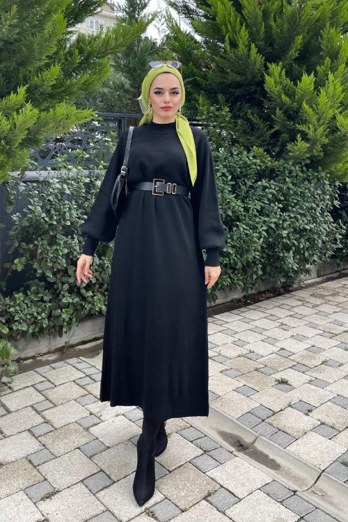 Yarım Boğazlı Triko Elbise Siyah