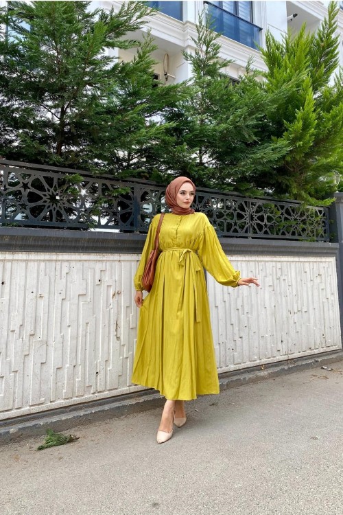 Yarım Pat Robadan Elbise Yağyeşili