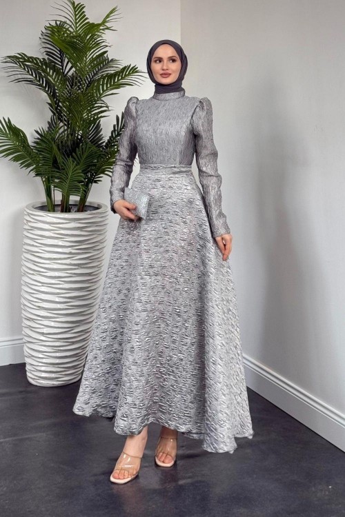 Yella Brokar Kumaş Prenses Abiye Gri