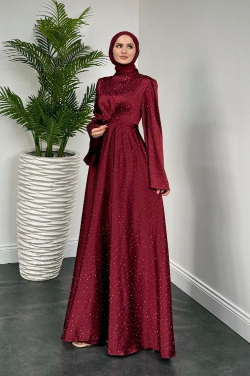 Yelzia Çapraz Taşlı Saten Abiye Bordo