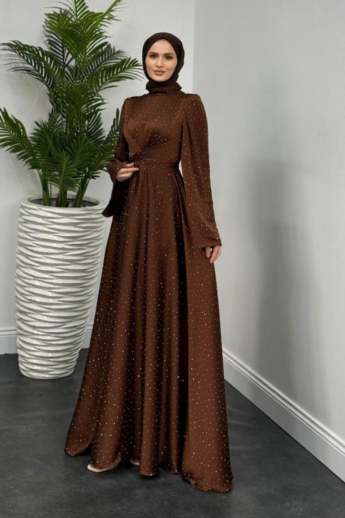 Yelzia Çapraz Taşlı Saten Abiye  Kahverengi