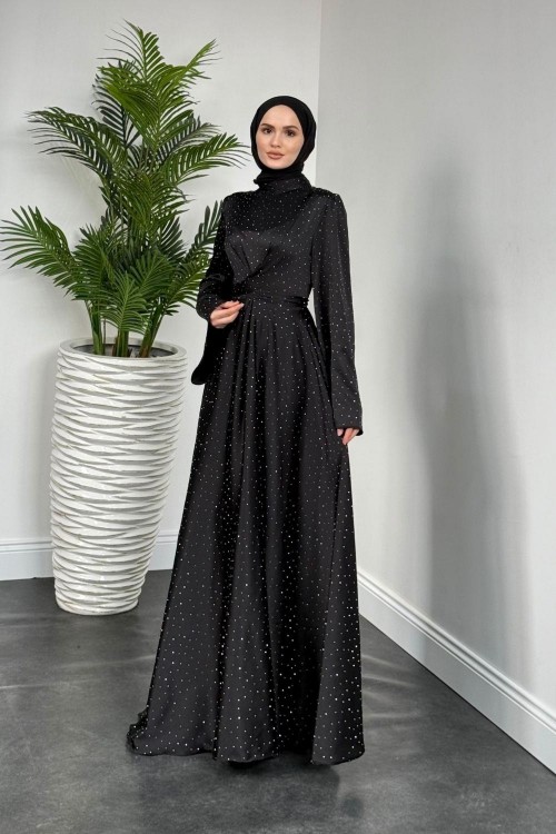 Yelzia Çapraz Taşlı Saten Abiye Siyah