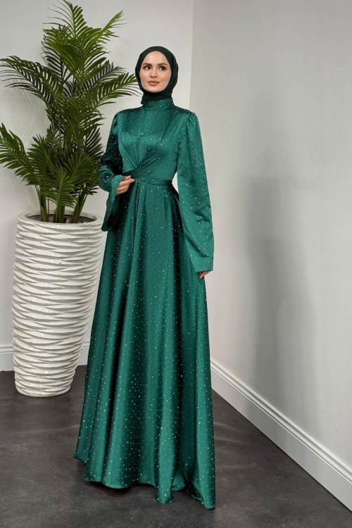 Yelzia Çapraz Taşlı Saten Abiye Yeşil