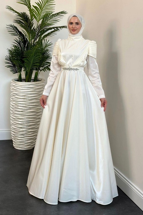 Yola Drape Detay Tafta Abiye Beyaz
