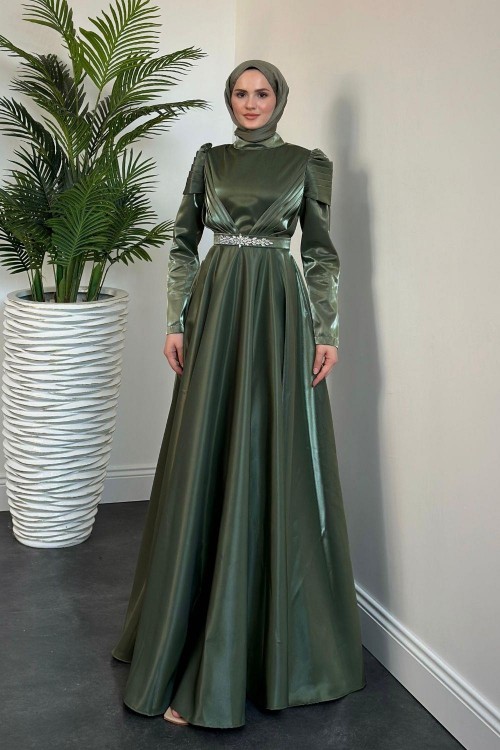 Yola Drape Detay Tafta Abiye Haki