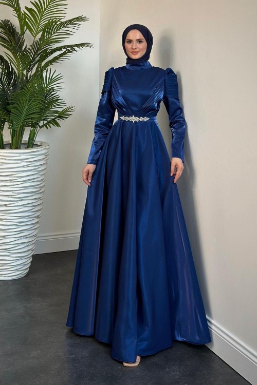 Yola Drape Detay Tafta Abiye Lacivert