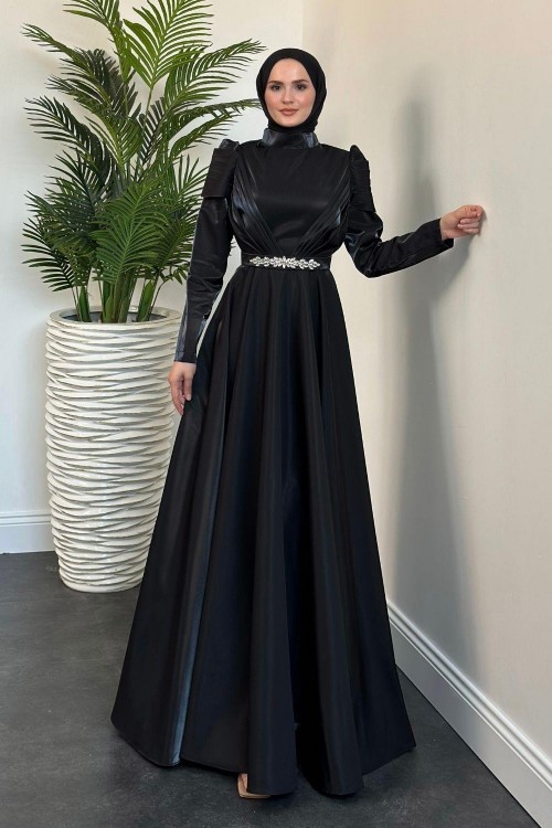 Yola Drape Detay Tafta Abiye Siyah