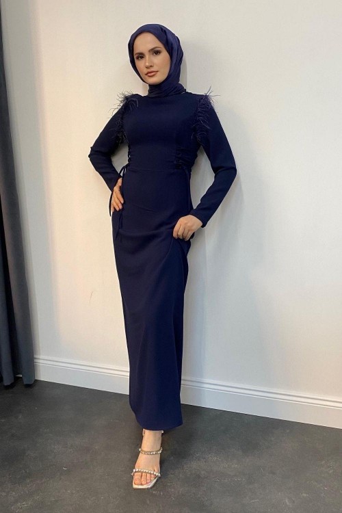 Yolanta Omzu Tüylü Abiye Lacivert