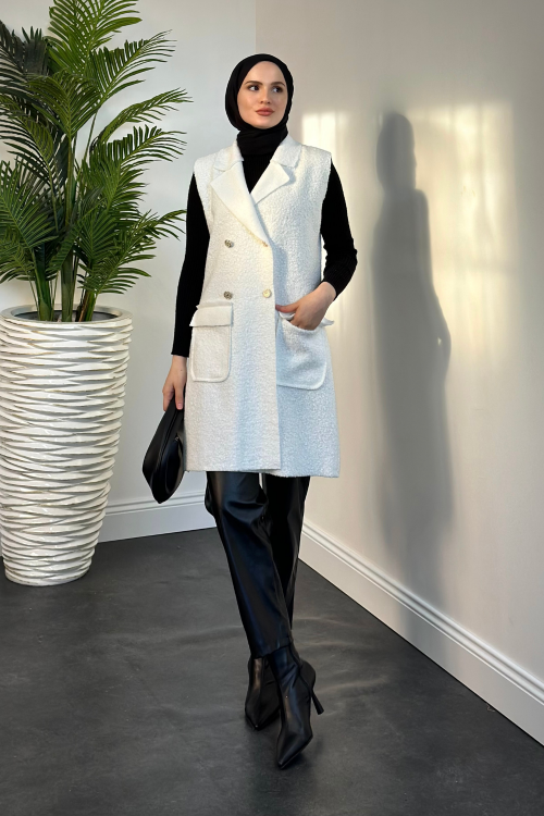 Yuliana Düğmeli Buklet Kumaş Yelek Beyaz