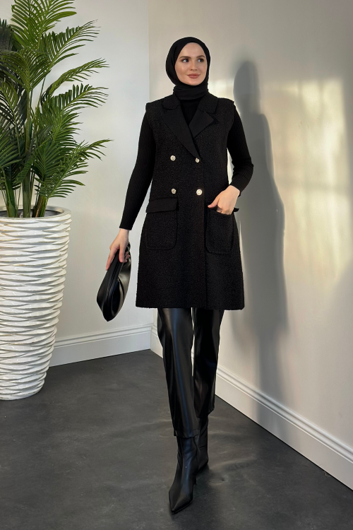 Yuliana Düğmeli Buklet Kumaş Yelek Siyah