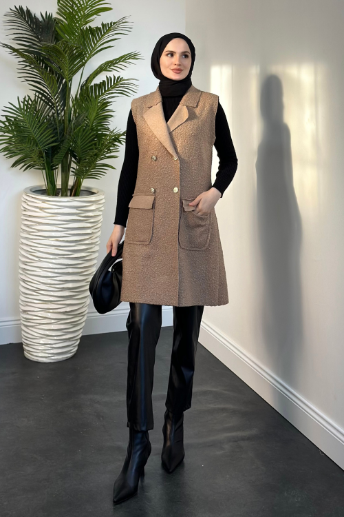 Yuliana Düğmeli Buklet Kumaş Yelek Vizon