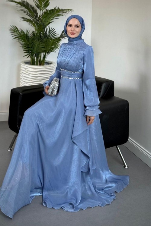Zarina Beli Taşlı Jan Jan  Abiye Buz Mavisi