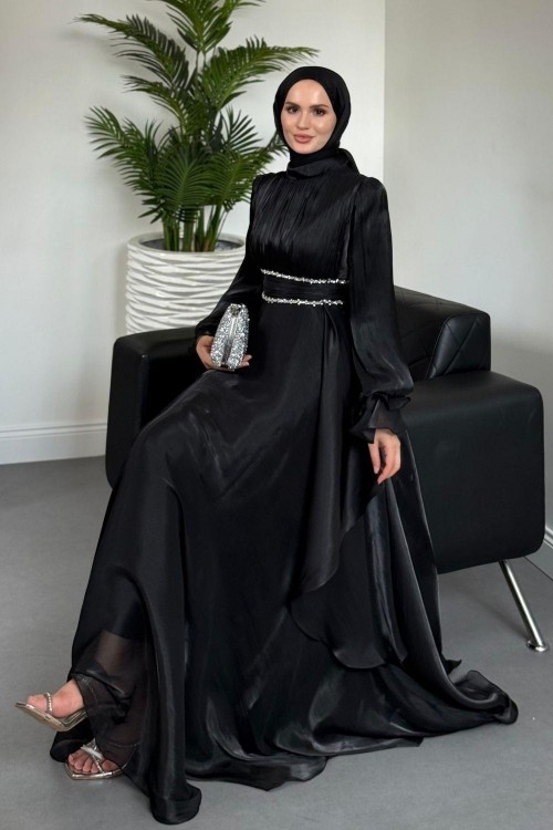 Zarina Beli Taşlı Jan Jan  Abiye Siyah