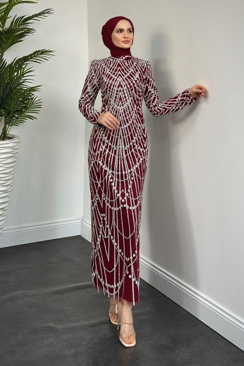 Zayne Simli Pullu Abiye Bordo
