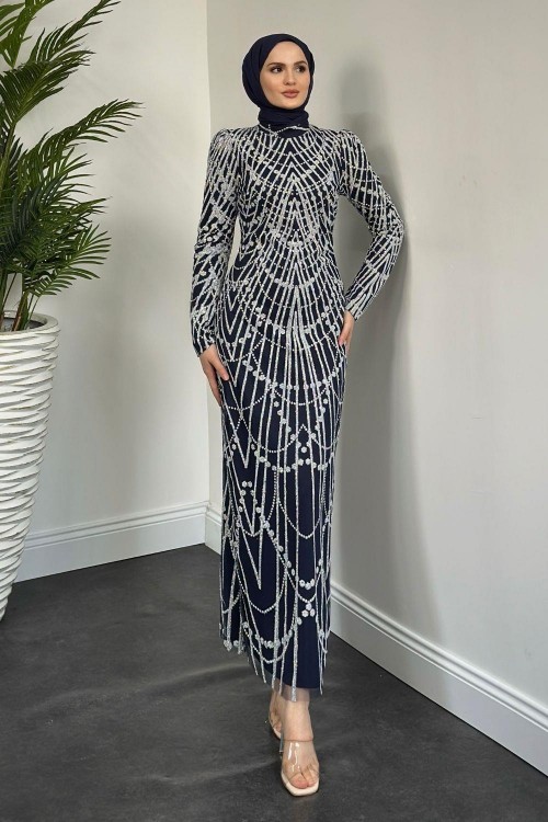 Zayne Simli Pullu Abiye Lacivert