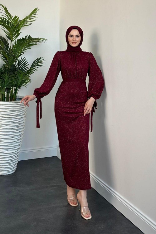 Zeta Kolları Bağcıklı Simli Kalem Abiye Bordo