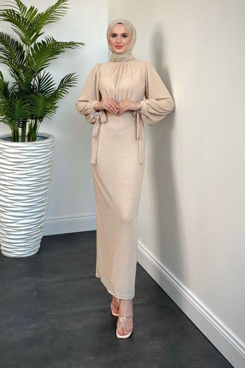 Zeta Kolları Bağcıklı Simli Kalem Abiye Krem