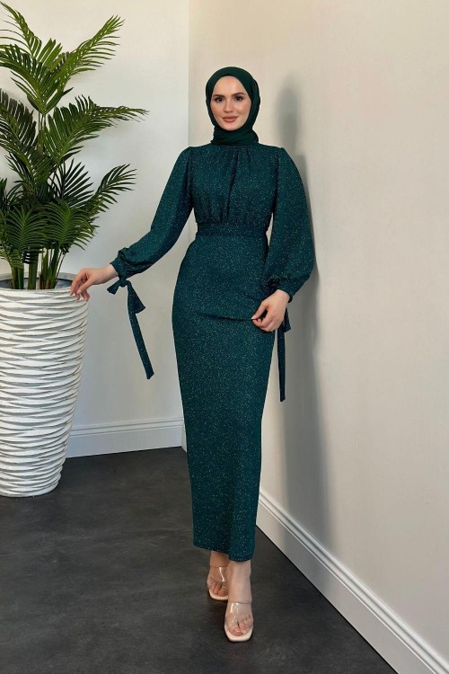 Zeta Kolları Bağcıklı Simli Kalem Abiye Zümrüt