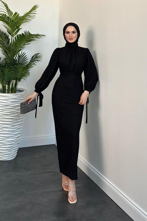 Zeta Kolları Bağcıklı Simli Kalem Abiye Siyah