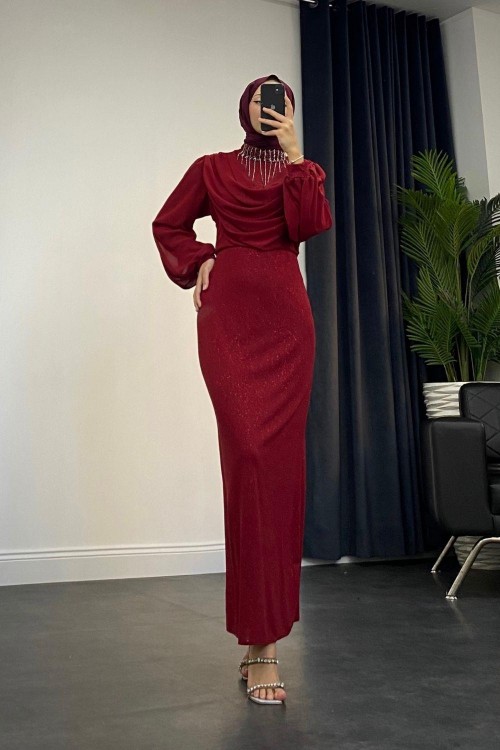 Zeyna Boynu Taşlı Abiye Bordo