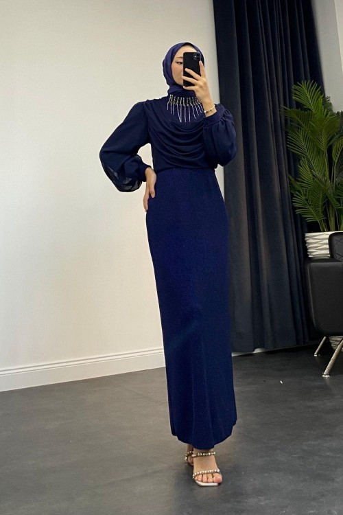 Zeyna Boynu Taşlı Abiye Lacivert