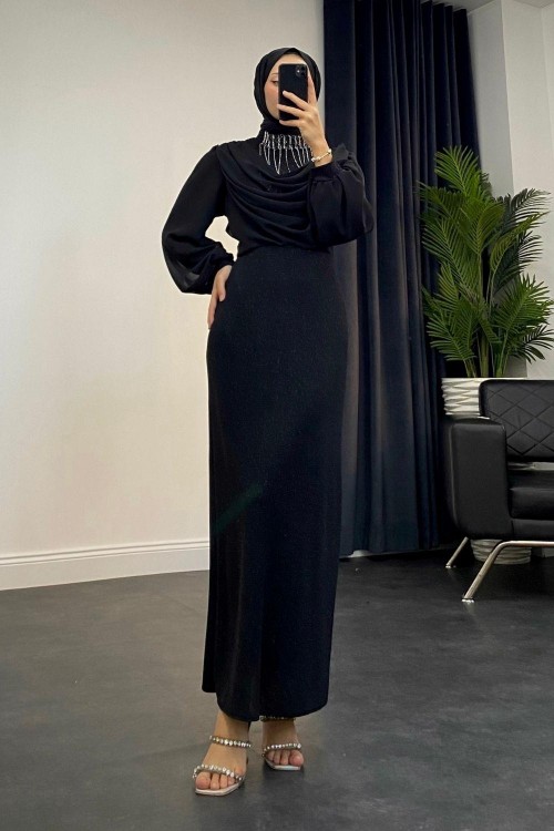 Zeyna Boynu Taşlı Abiye Siyah