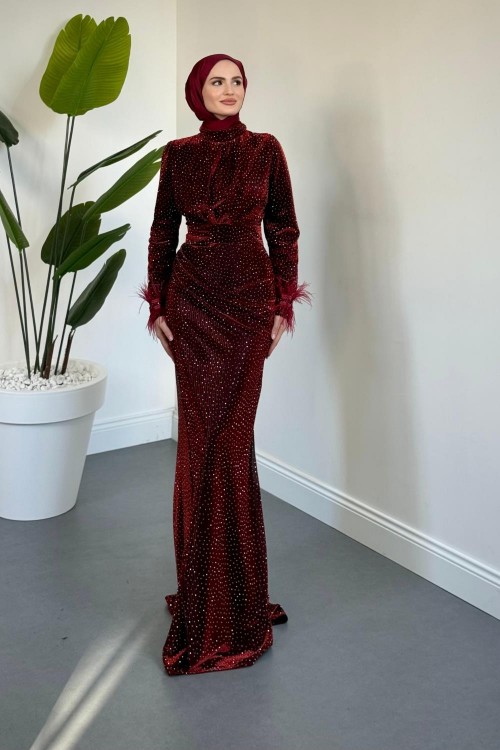 Zuelia Taşlı Kuyruklu Balık Abiye Bordo